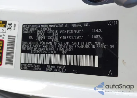 2021 Toyota Sienna Xle из США, поврежденный, VIN 5TDYRKEC4MS046800